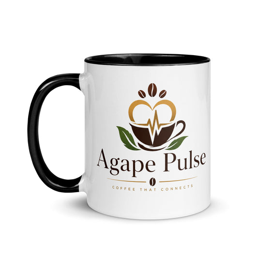 Agape Pulse logo on a two-tone ceramic mug with a black interior and handle.