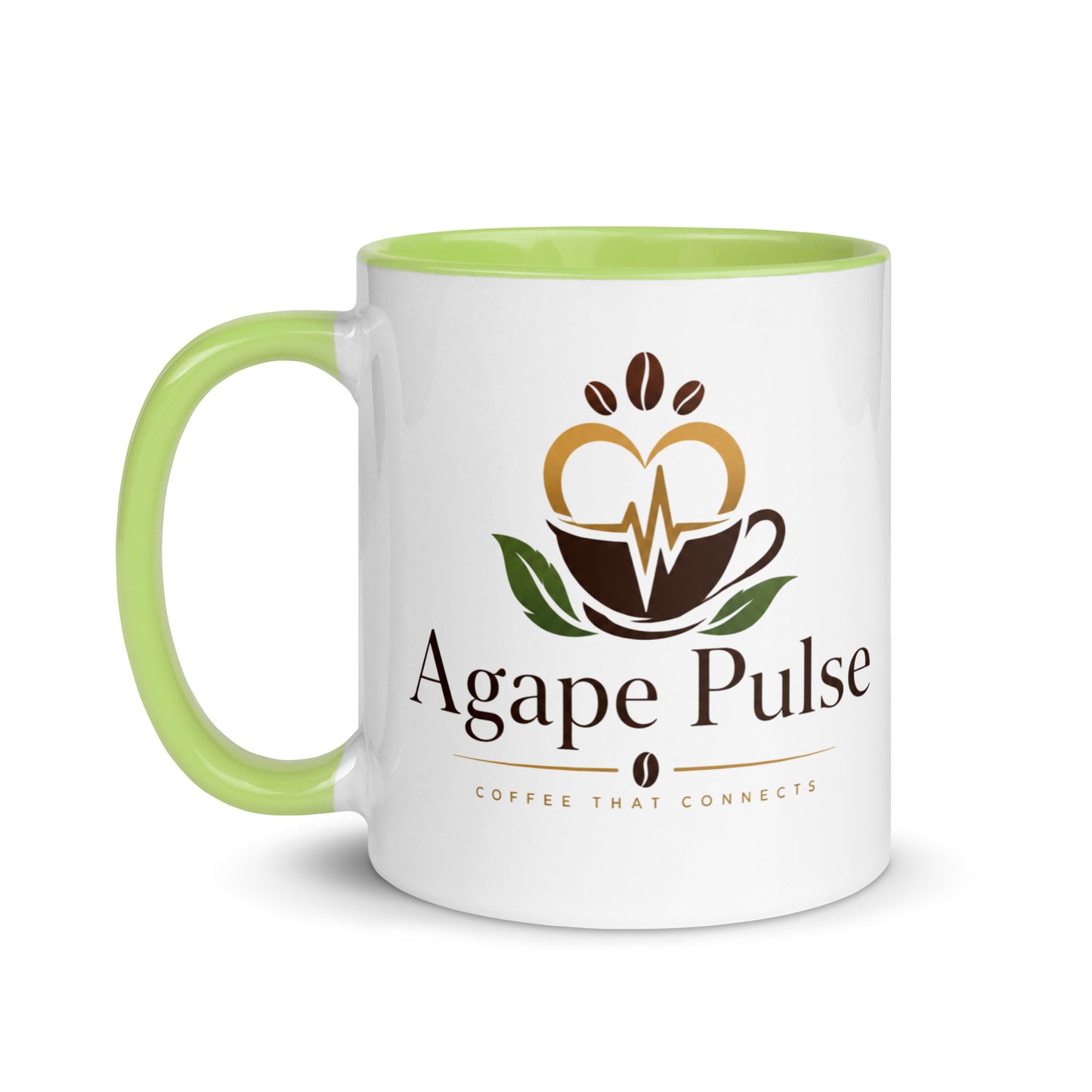 Agape Pulse logo on a two-tone ceramic mug with a green interior and handle.